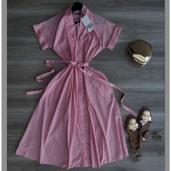 NWT ZARA BELTED SHIRTDRESS ZW COLLECTIONβpink - Picture 3 of 12